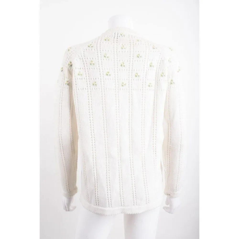 Vintage Banff Sweater Bee Womans Cardigan Sweater Sz S White Flowers embroidery